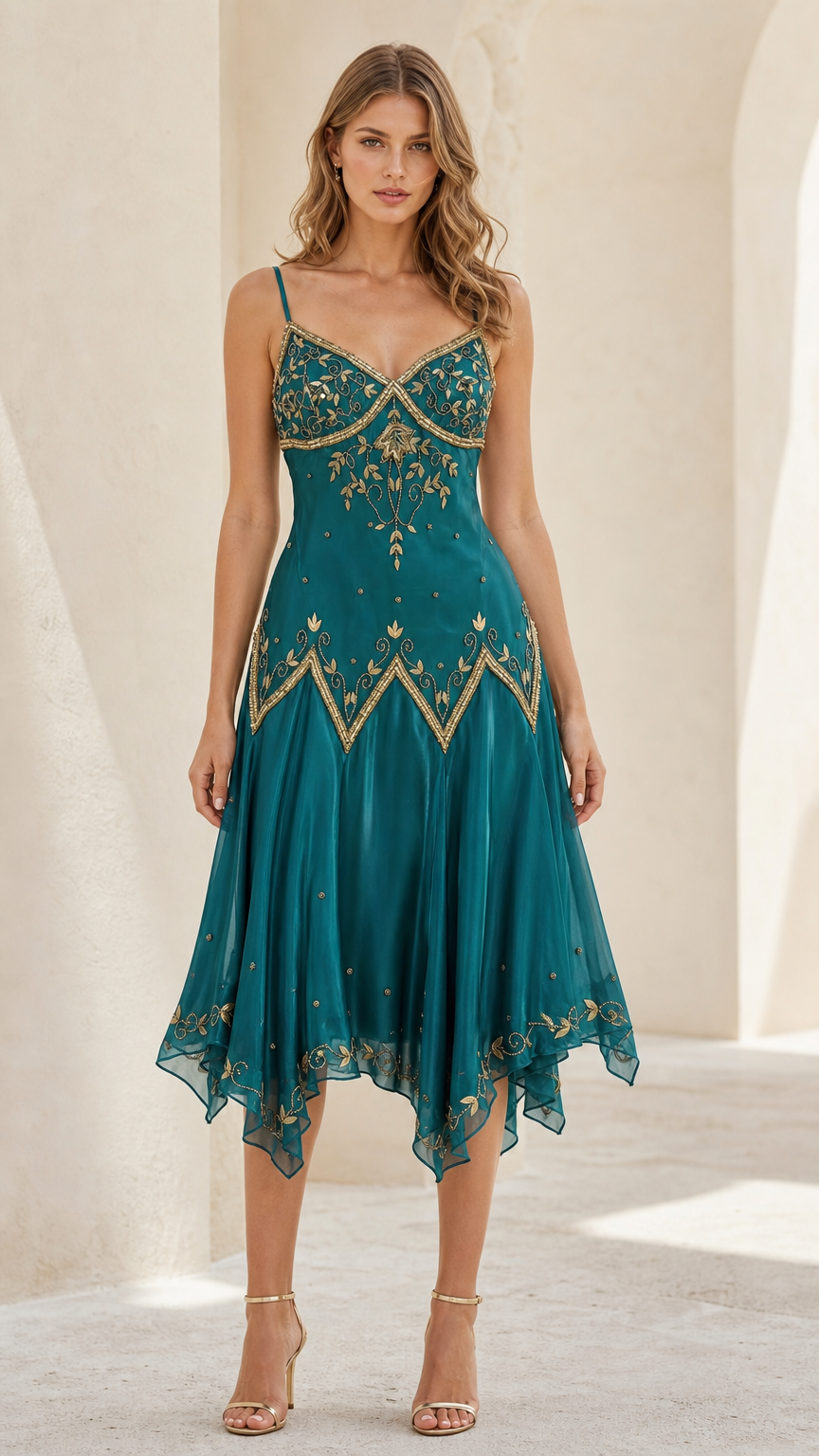 Front view of model wearing Teal vintage Art Deco beaded handkerchief midi dress