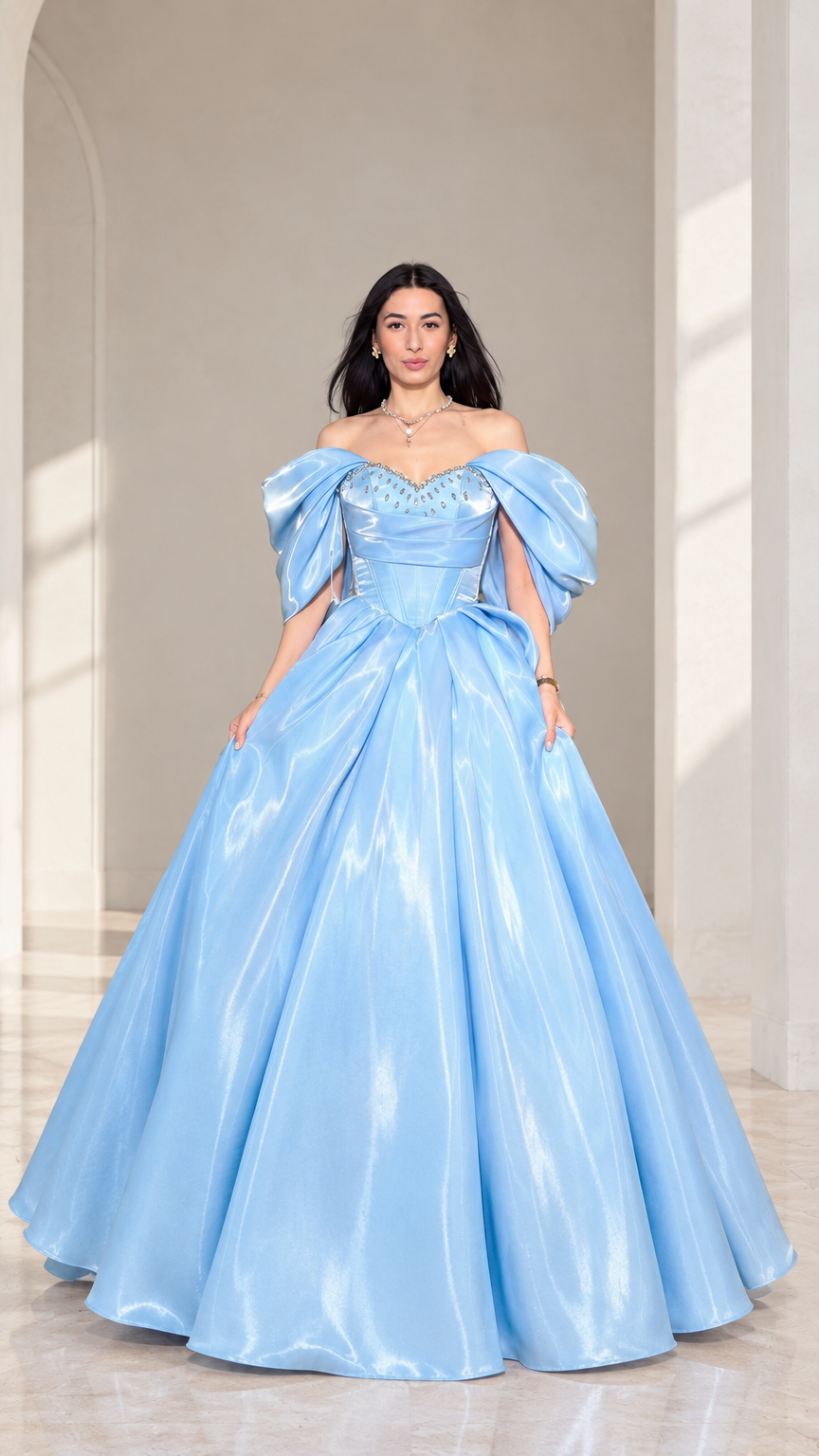 Front view of model wearing a sky blue off-shoulder corset ball gown with puff sleeves