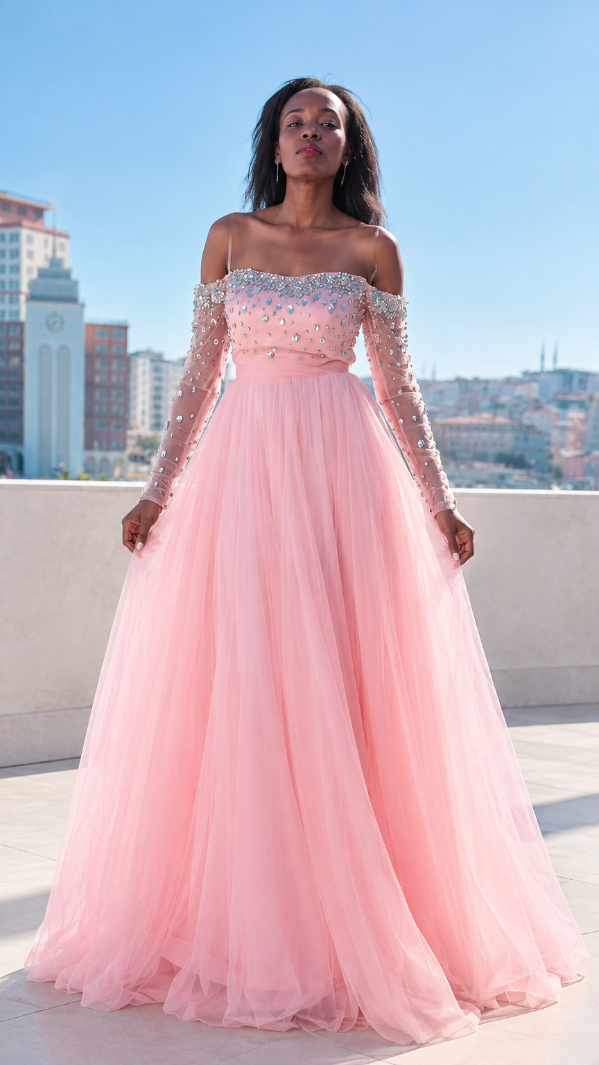 Front full-length view of woman in blush pink rhinestone embellished off-the-shoulder tulle ball gown