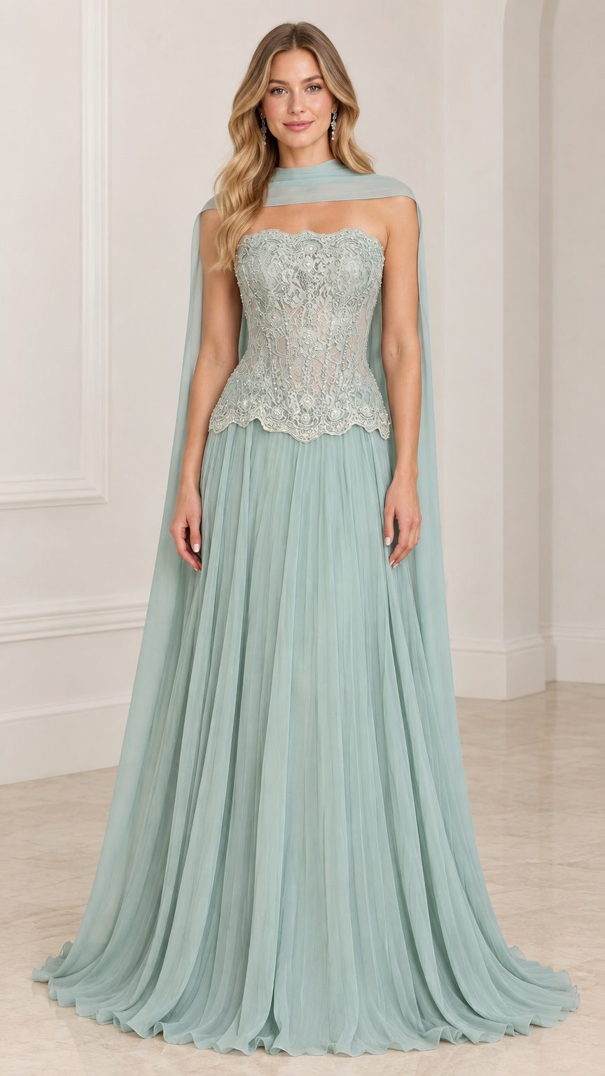 Front view of model wearing sage green strapless lace corset evening gown with chiffon cape