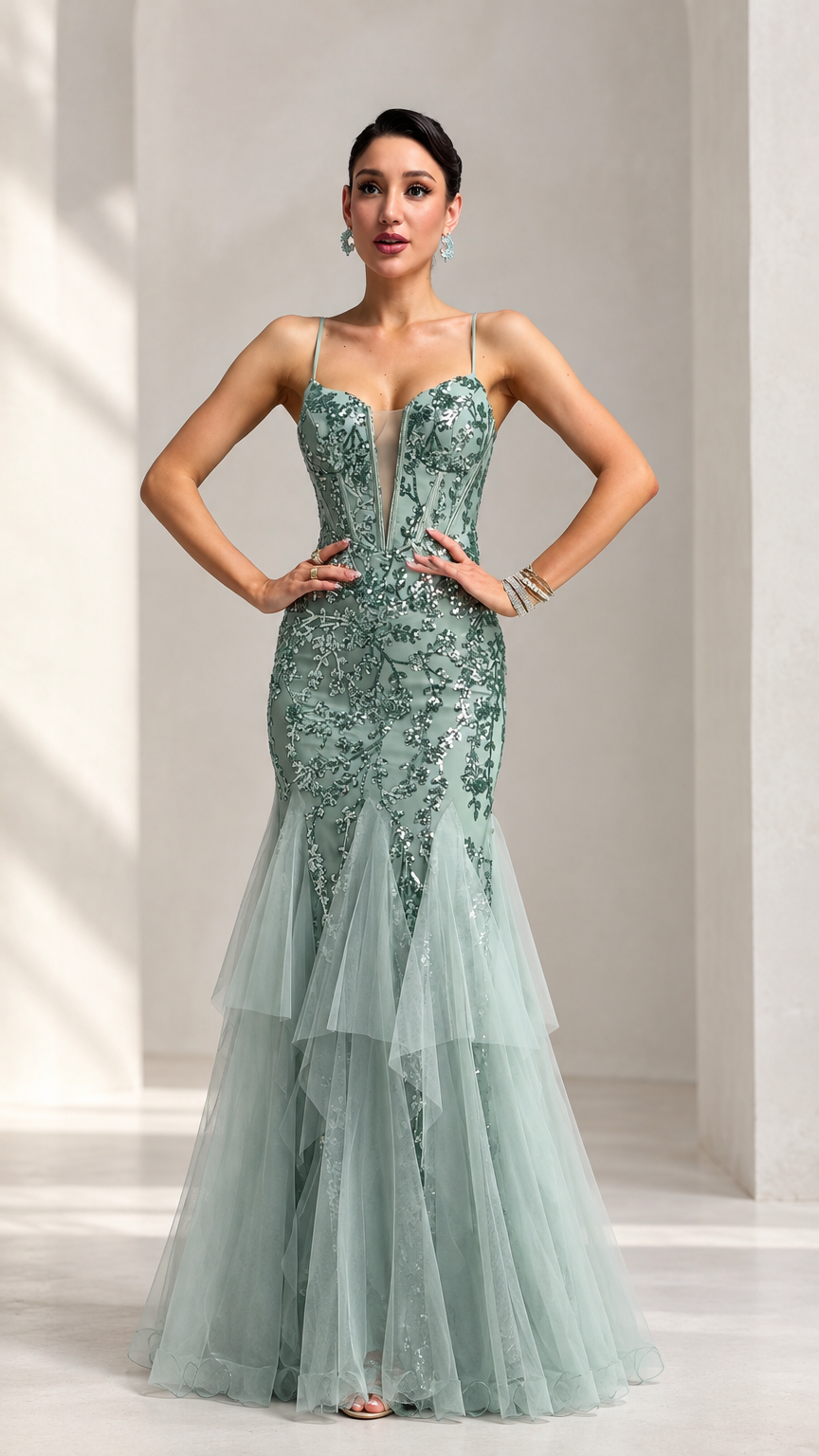 Front view of model wearing sage green sequin embroidered corset mermaid gown with tiered tulle skirt