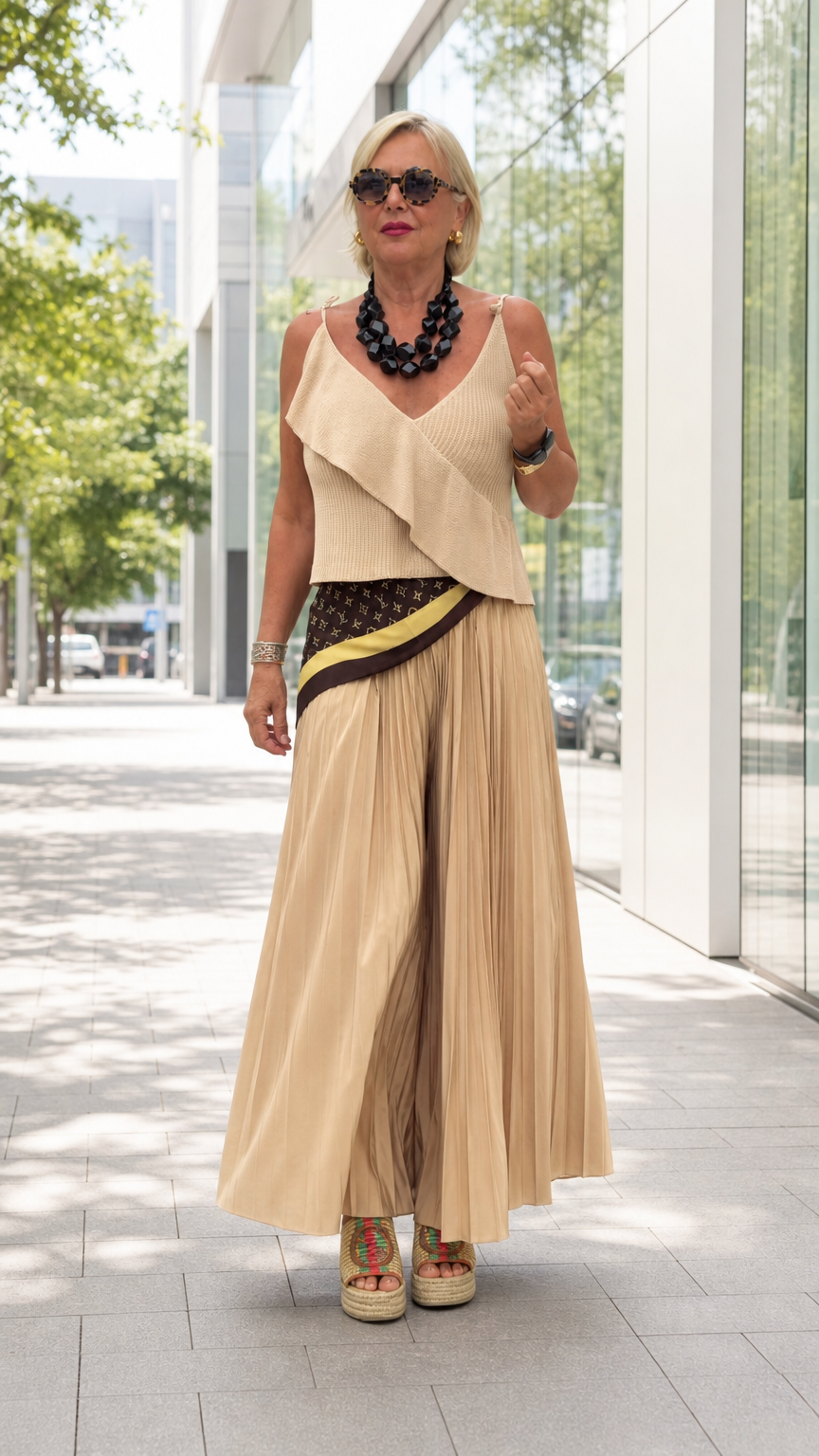Front view of woman wearing beige ruffle camisole and pleated wide-leg pants two-piece set