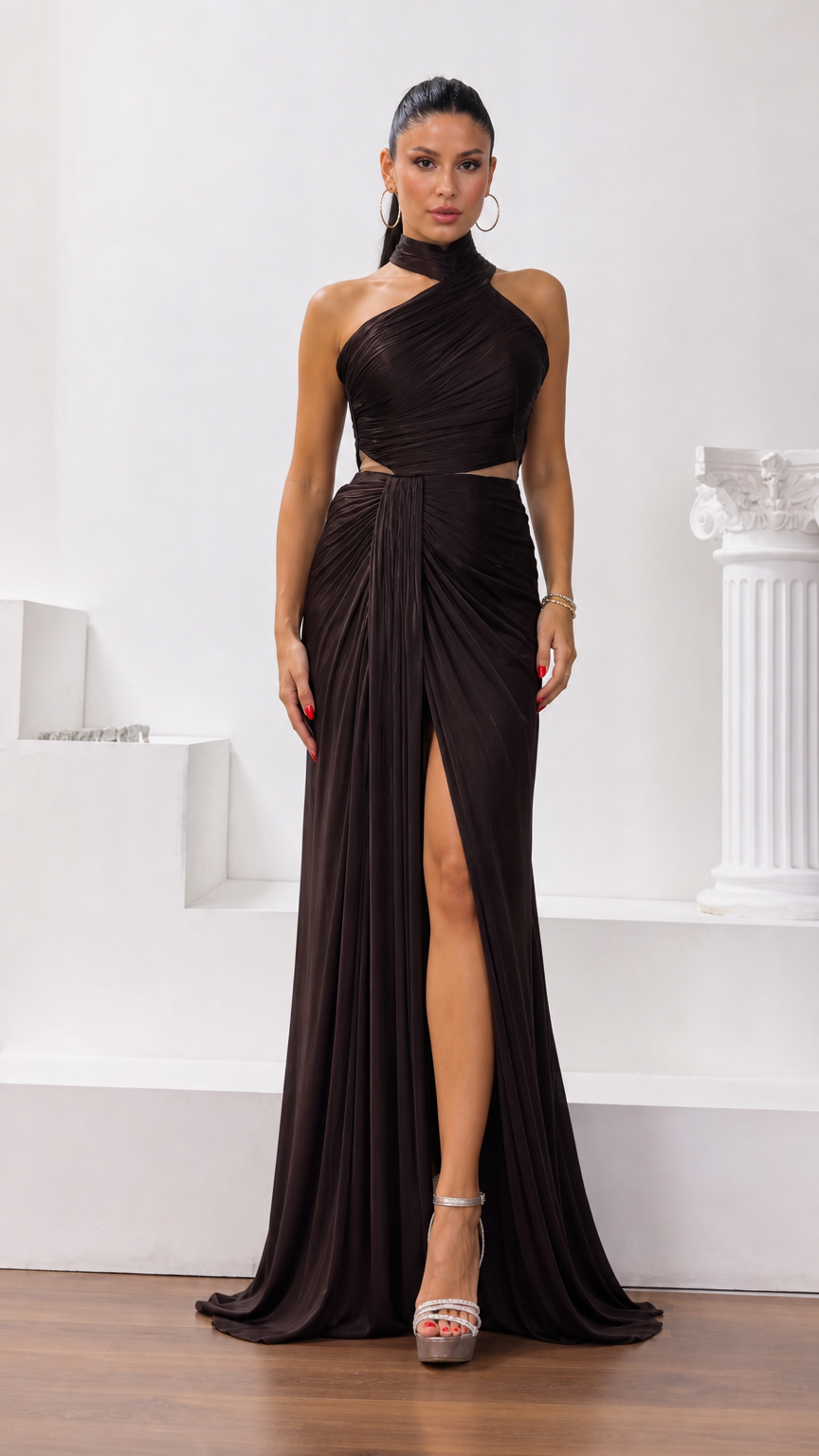 Front full view of dark brown halter neck cutout ruched maxi evening gown with high slit