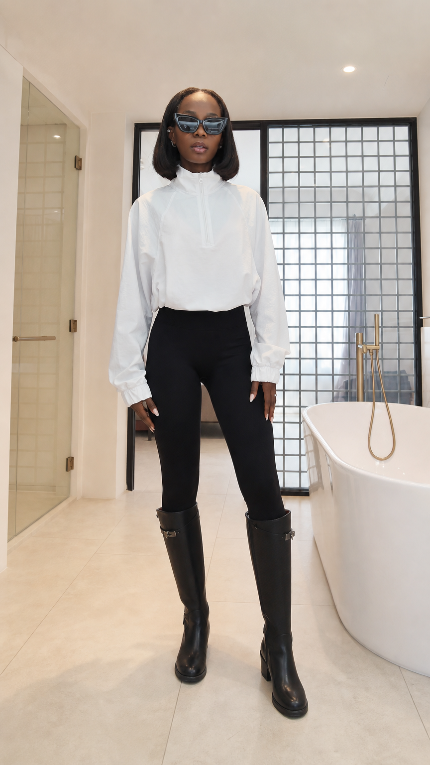 Front view of woman wearing white half-zip windbreaker with black leggings and knee-high boots