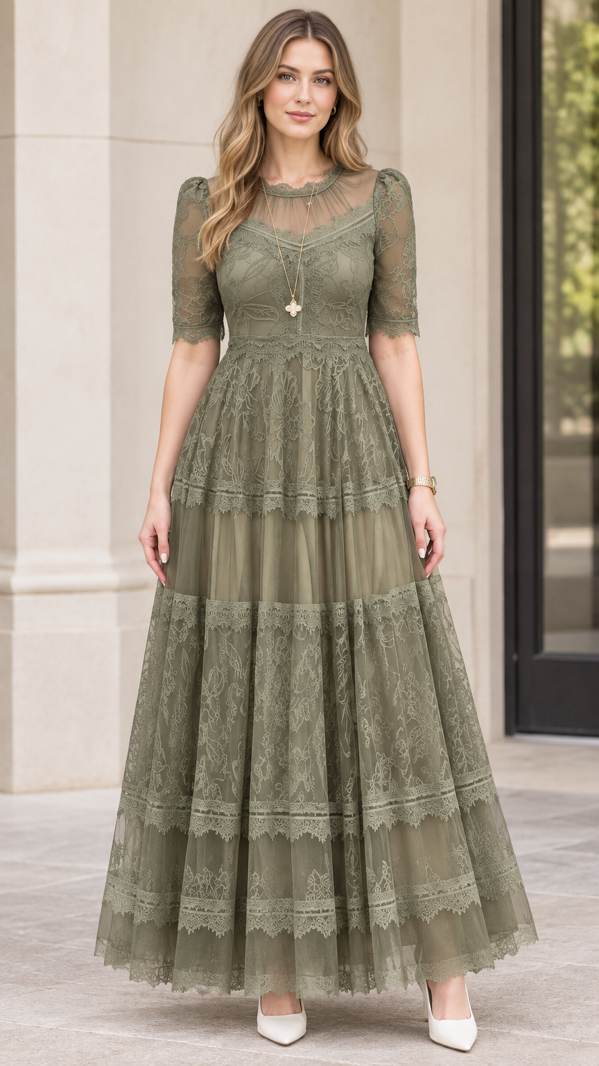 Full front view of sage green floral lace tiered maxi dress with illusion neckline