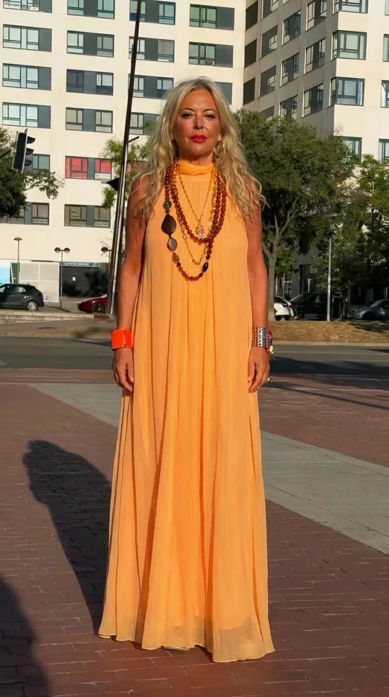 Front full-length view of woman wearing orange high neck sleeveless chiffon maxi dress