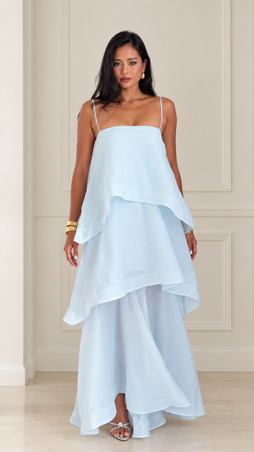 Front full view of woman wearing light blue tiered spaghetti strap maxi dress