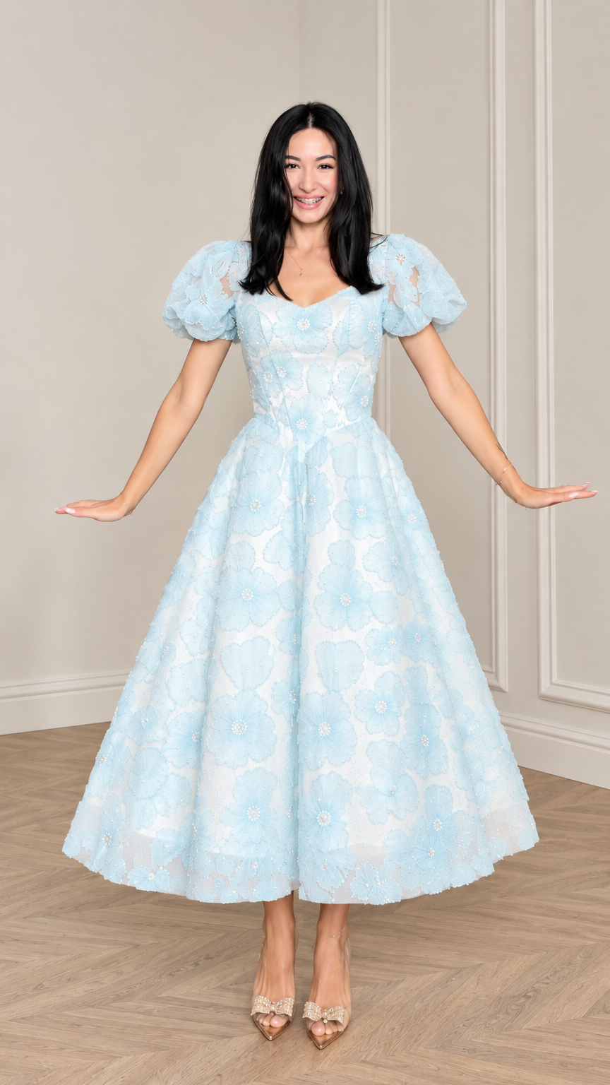 Front view of woman wearing Light Blue floral applique puff sleeve midi dress