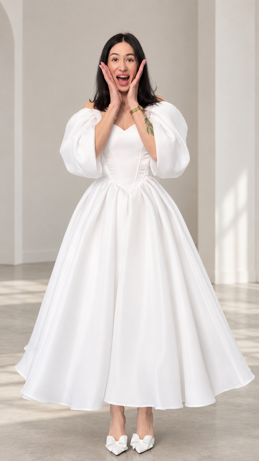 Full front view of a woman wearing a white off-shoulder puff sleeve ball gown