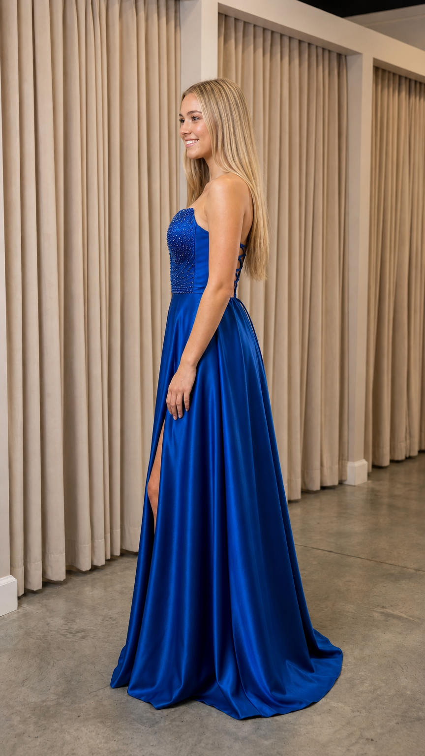 Model wearing royal blue strapless corset formal gown side view showing high slit