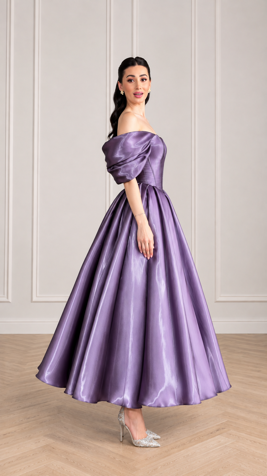 Side profile of woman wearing purple satin sweetheart corset ball gown