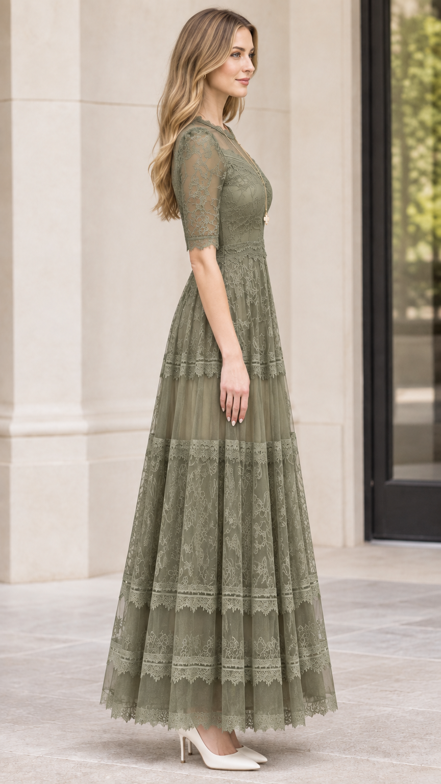 Side profile view of woman wearing sage green lace evening gown