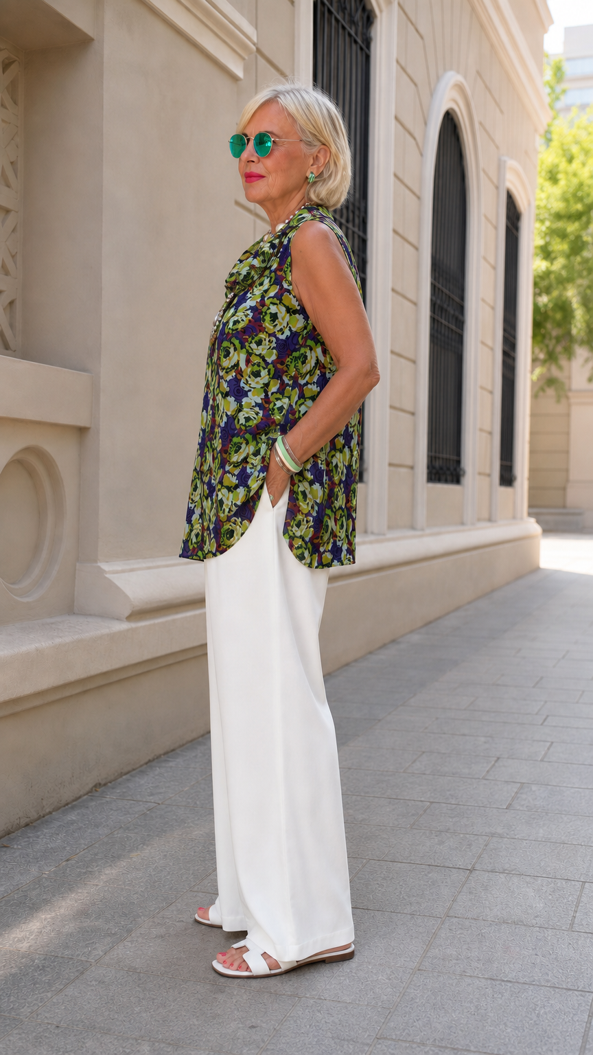 Side view of royal blue floral sleeveless tunic blouse showing side slit detail