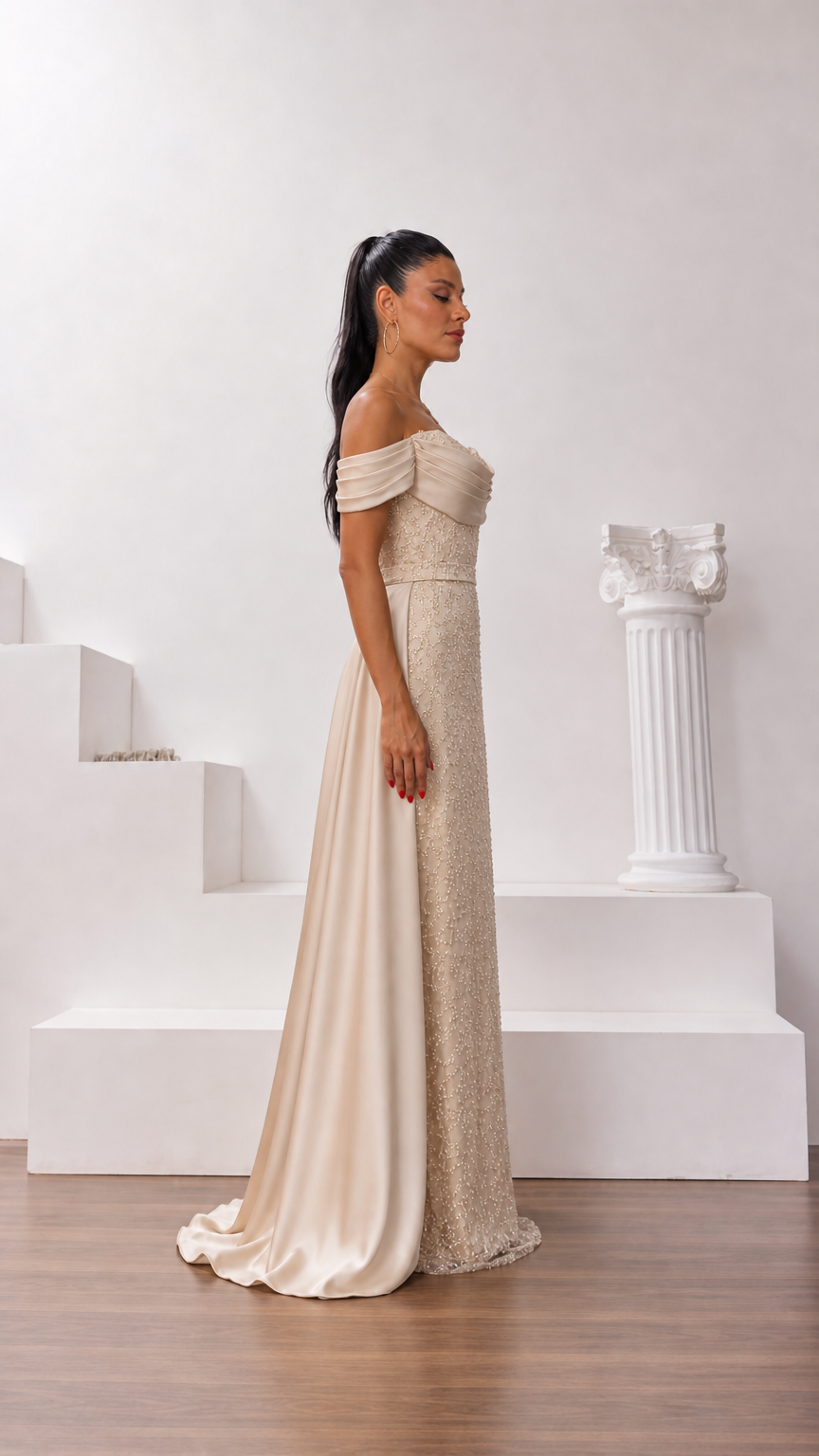 Champagne sequin evening dress side view showing draped skirt silhouette