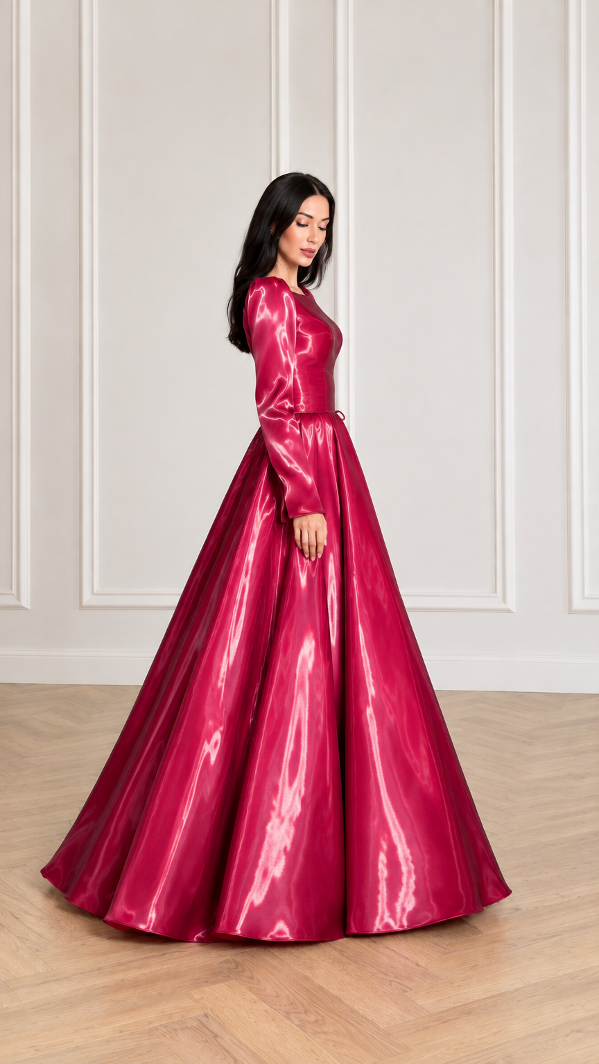 Side profile view of model in full-length magenta glossy evening gown