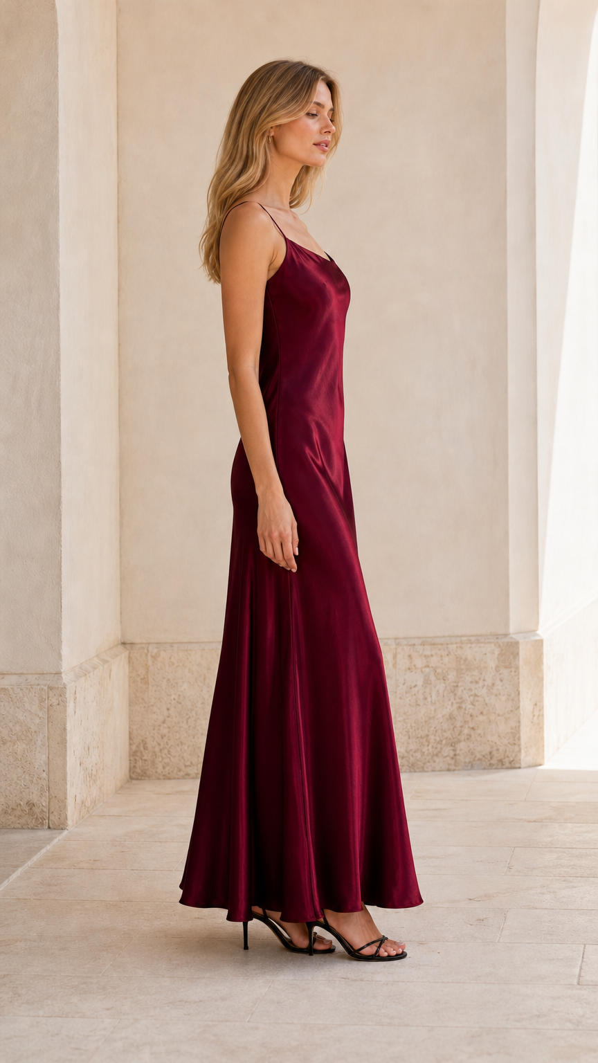 Side angle view of burgundy silky spaghetti strap maxi dress