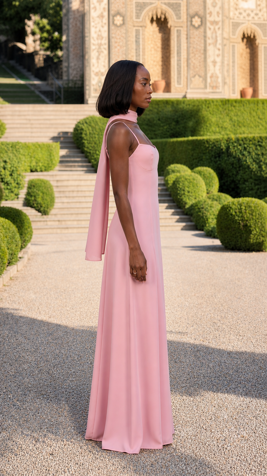Side view of dusty pink formal maxi evening dress with side slit