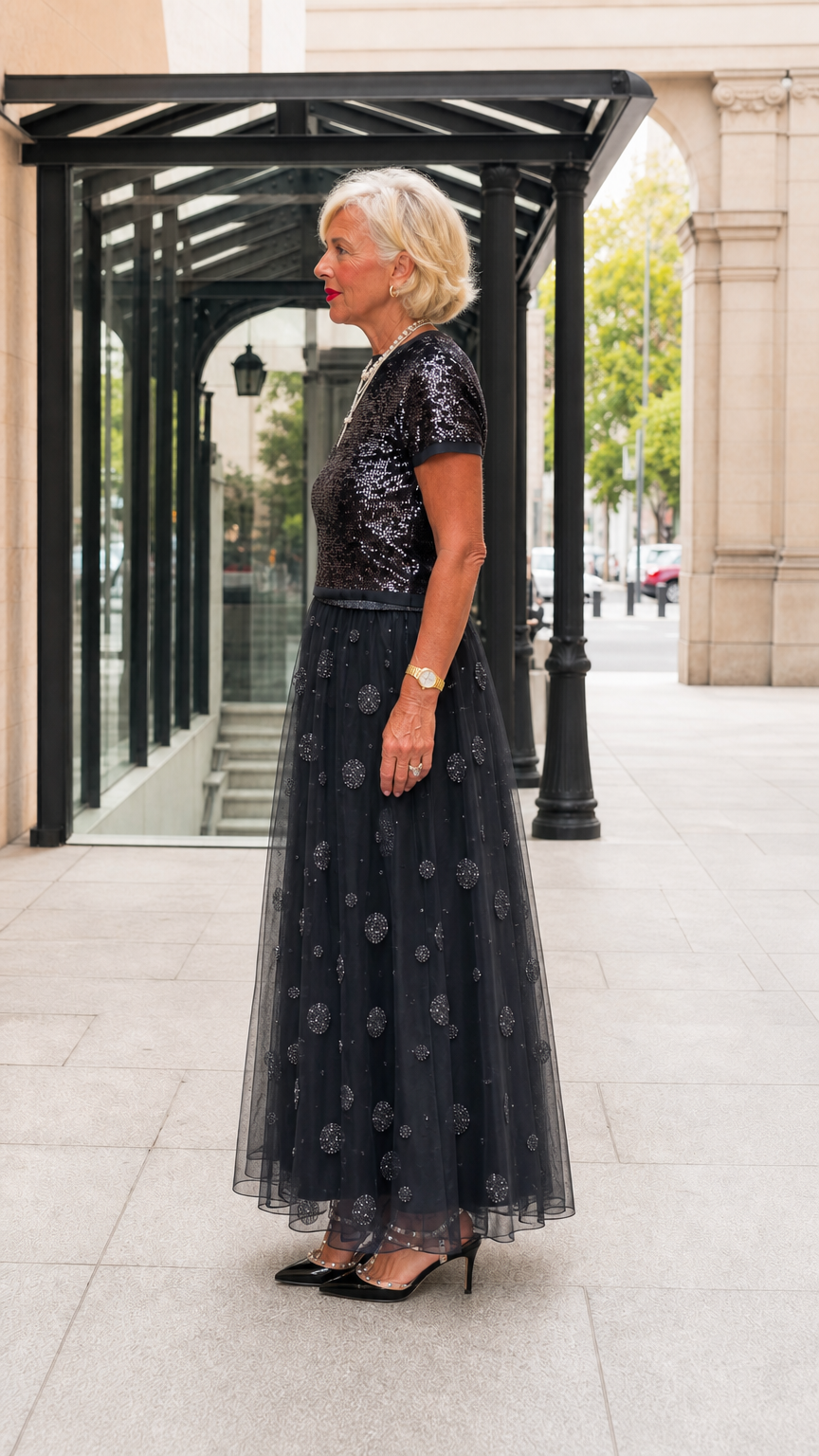 Side profile view of black two-piece sequin and tulle formal evening dress set