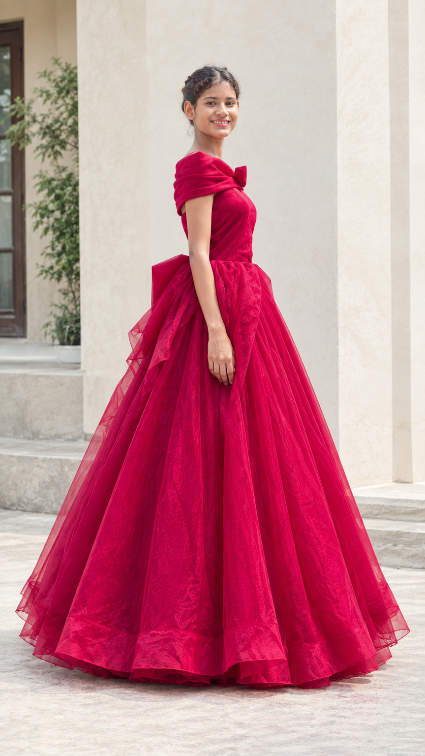 Side profile of woman in red voluminous tulle evening dress