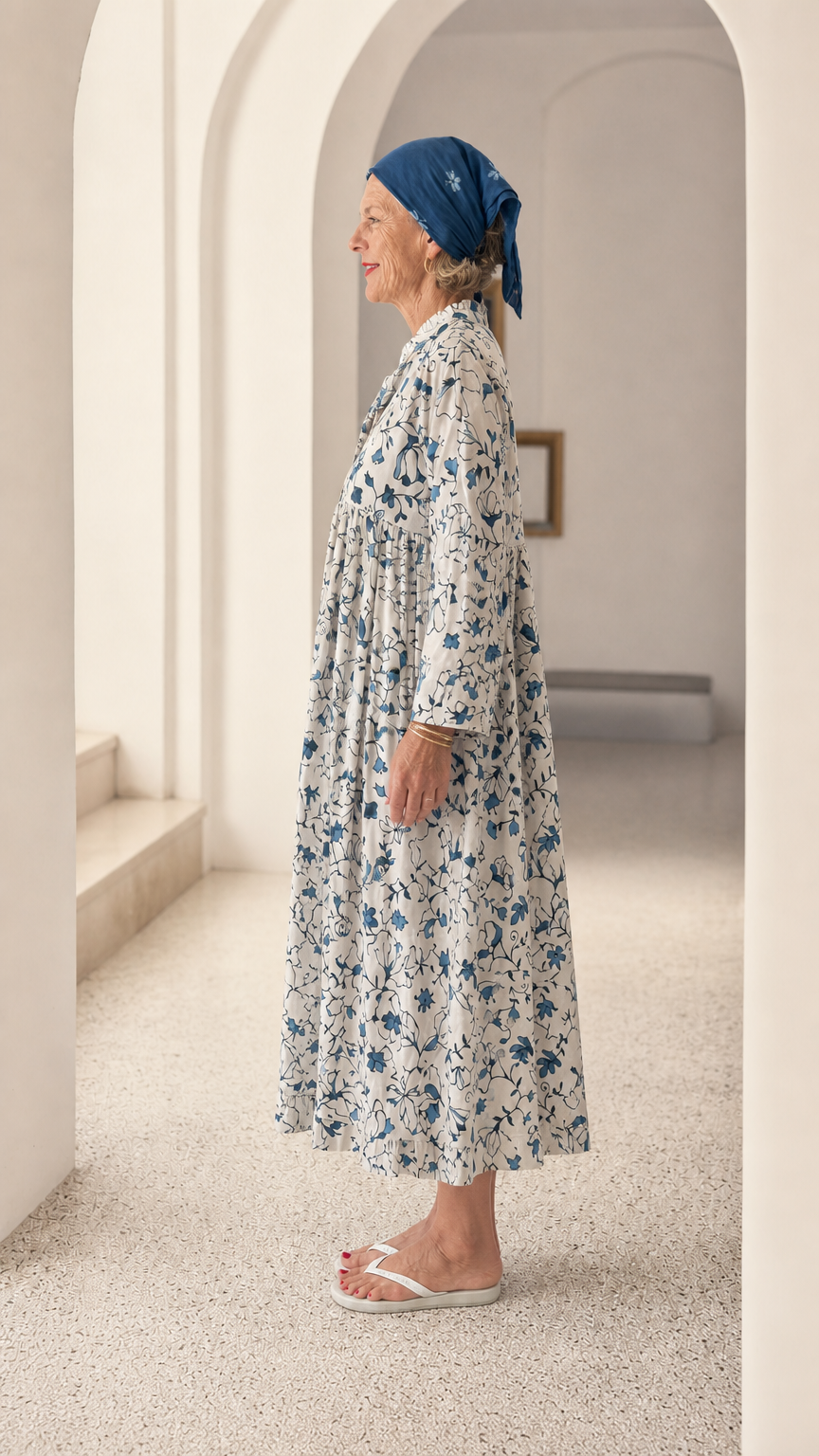 Side profile view of woman wearing Blue & White floral tiered smock dress