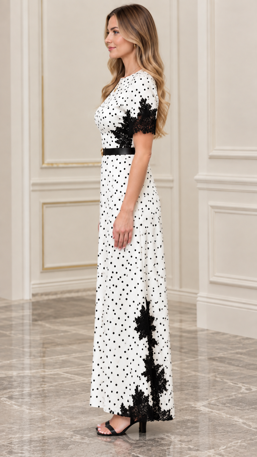 Side profile view of white polka dot lace-trimmed maxi dress