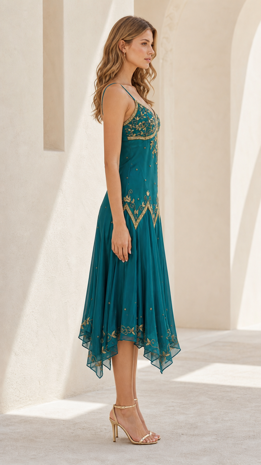 Side profile view of model wearing Teal embellished cocktail dress