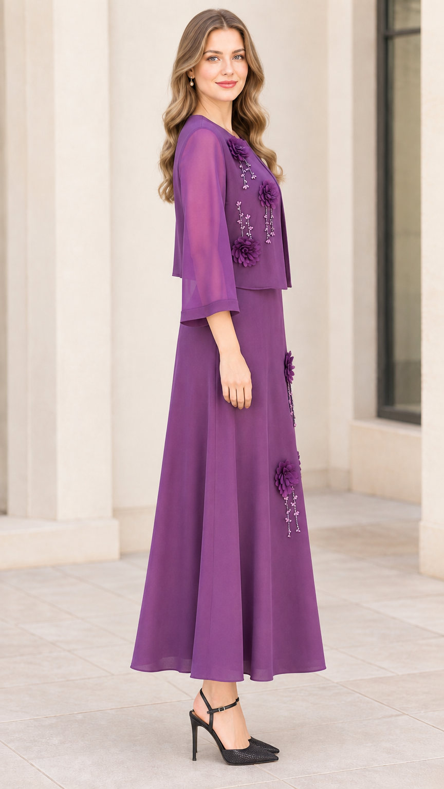 Side angle view of woman modeling purple formal chiffon jacket dress set
