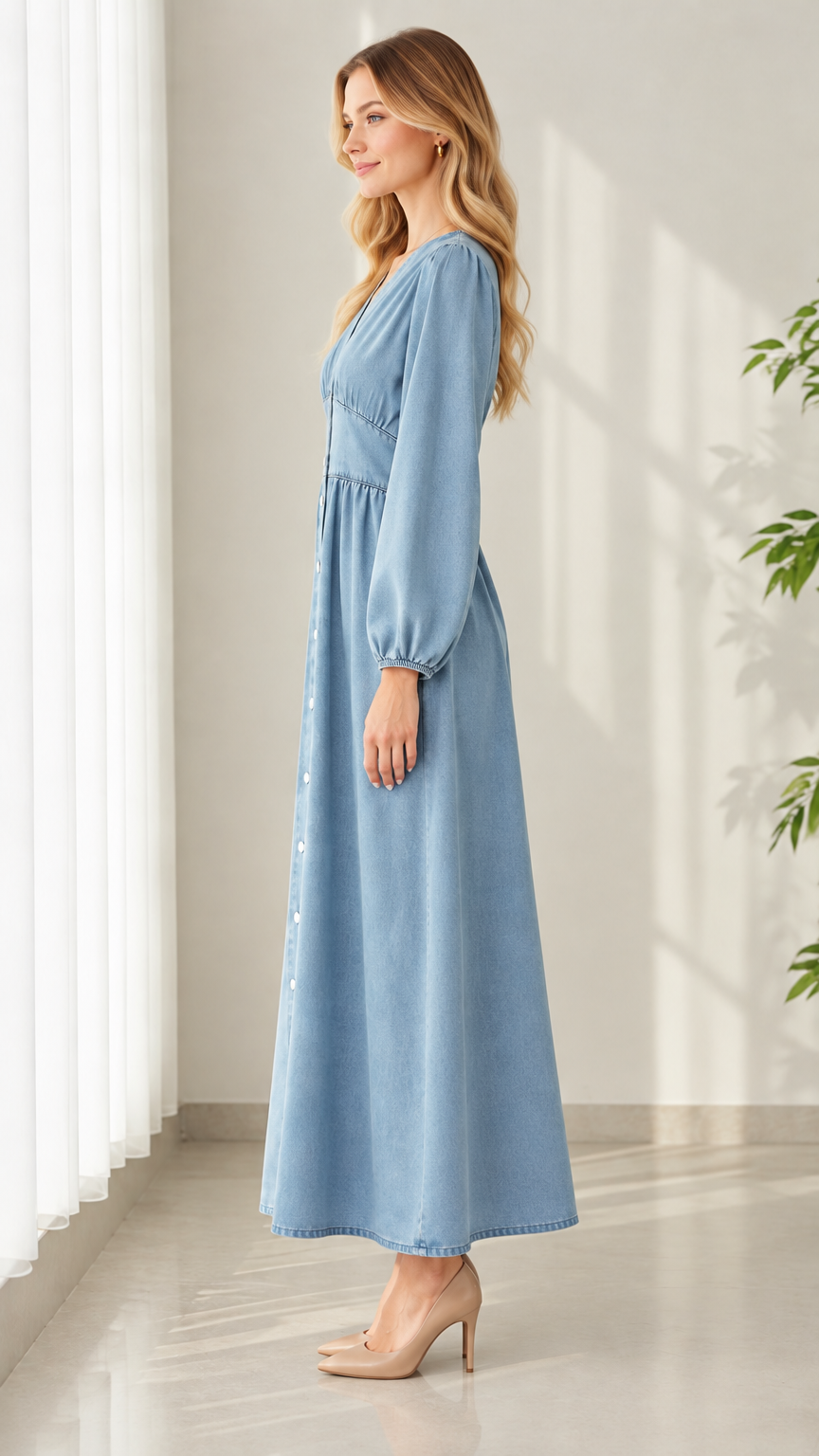Side profile view of model in Light Blue long sleeve button-front maxi dress