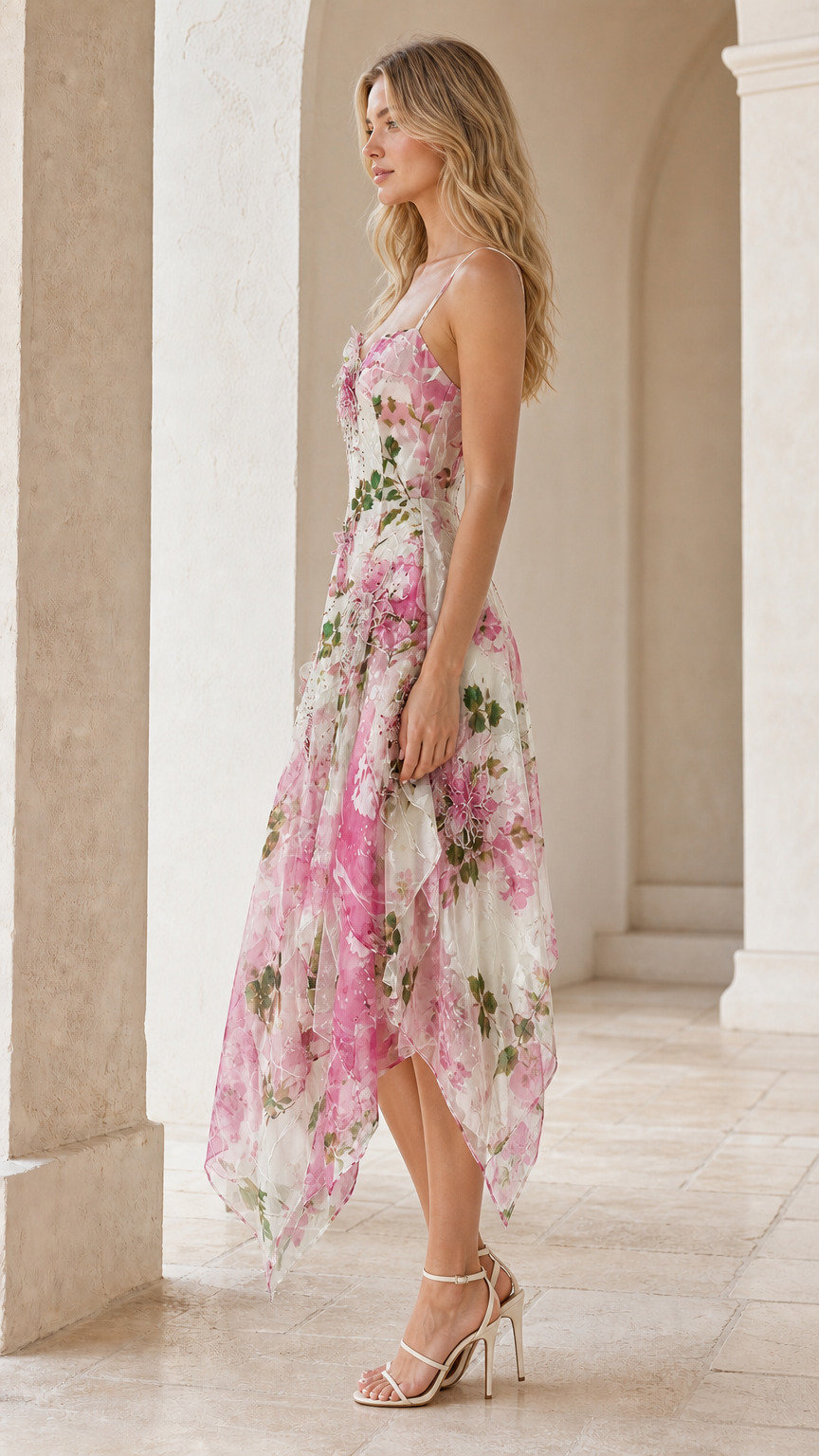 Side angle view of model wearing white floral sleeveless handkerchief midi dress