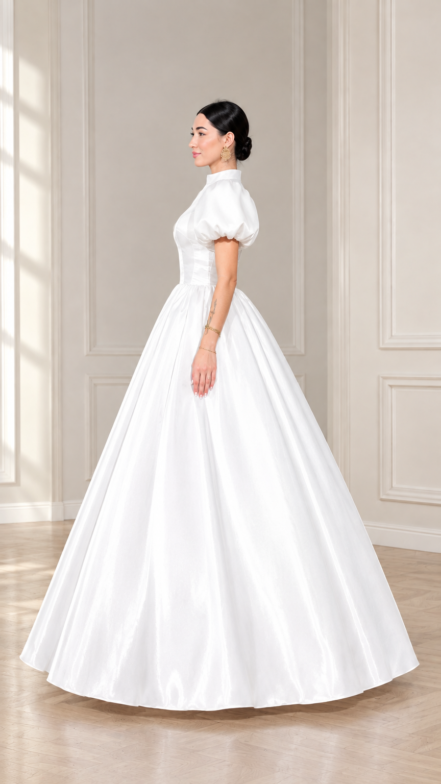 Side profile of white puff sleeve satin maxi evening dress