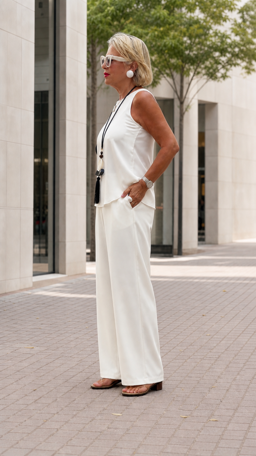 Side profile view of elegant white sleeveless tank top outfit