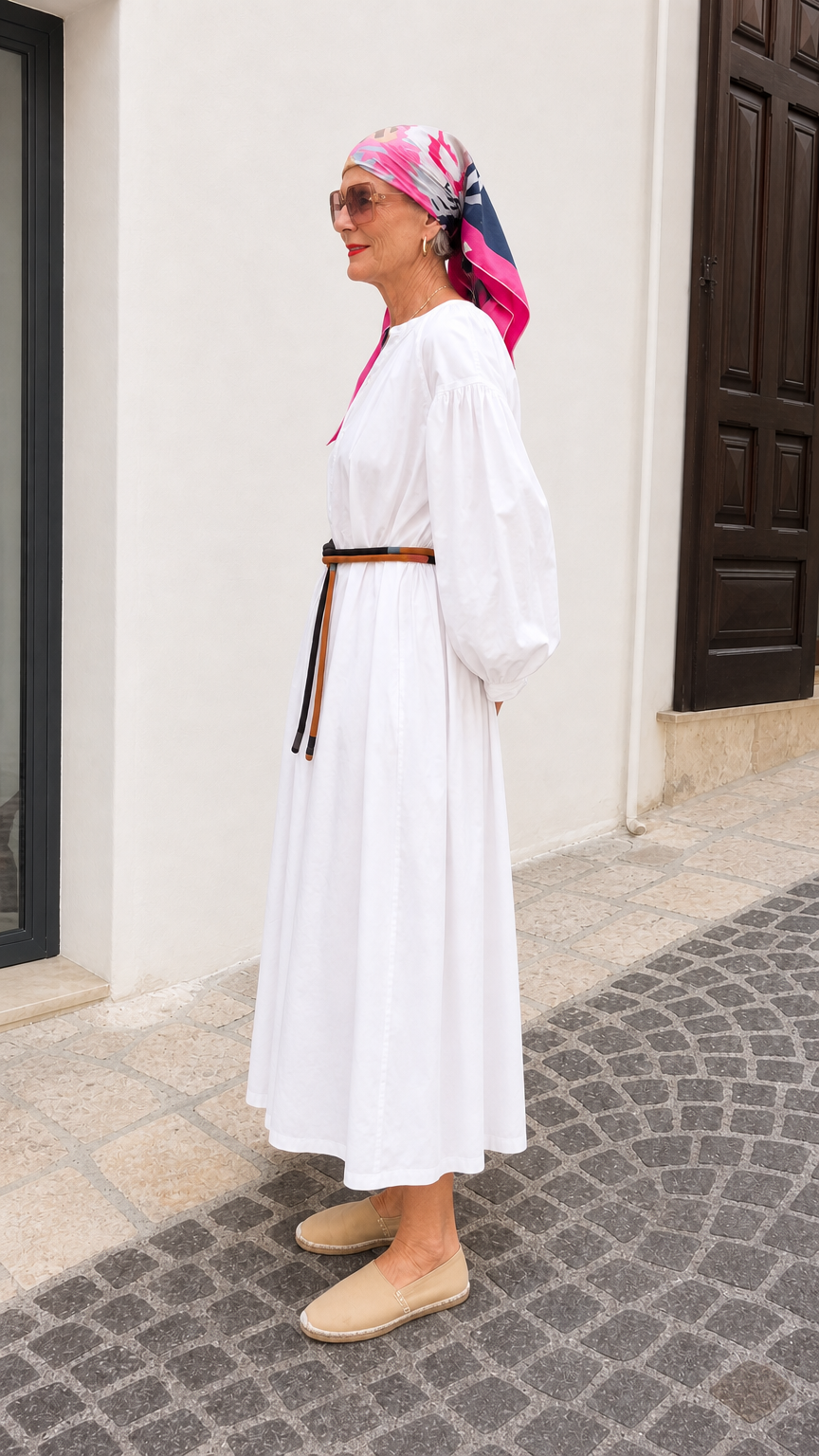 Side profile view of relaxed-fit white long sleeve maxi dress