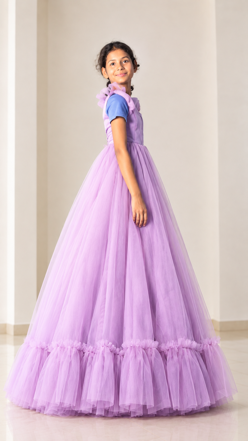 Side angle view of model posing in lilac tiered tulle floor-length evening dress