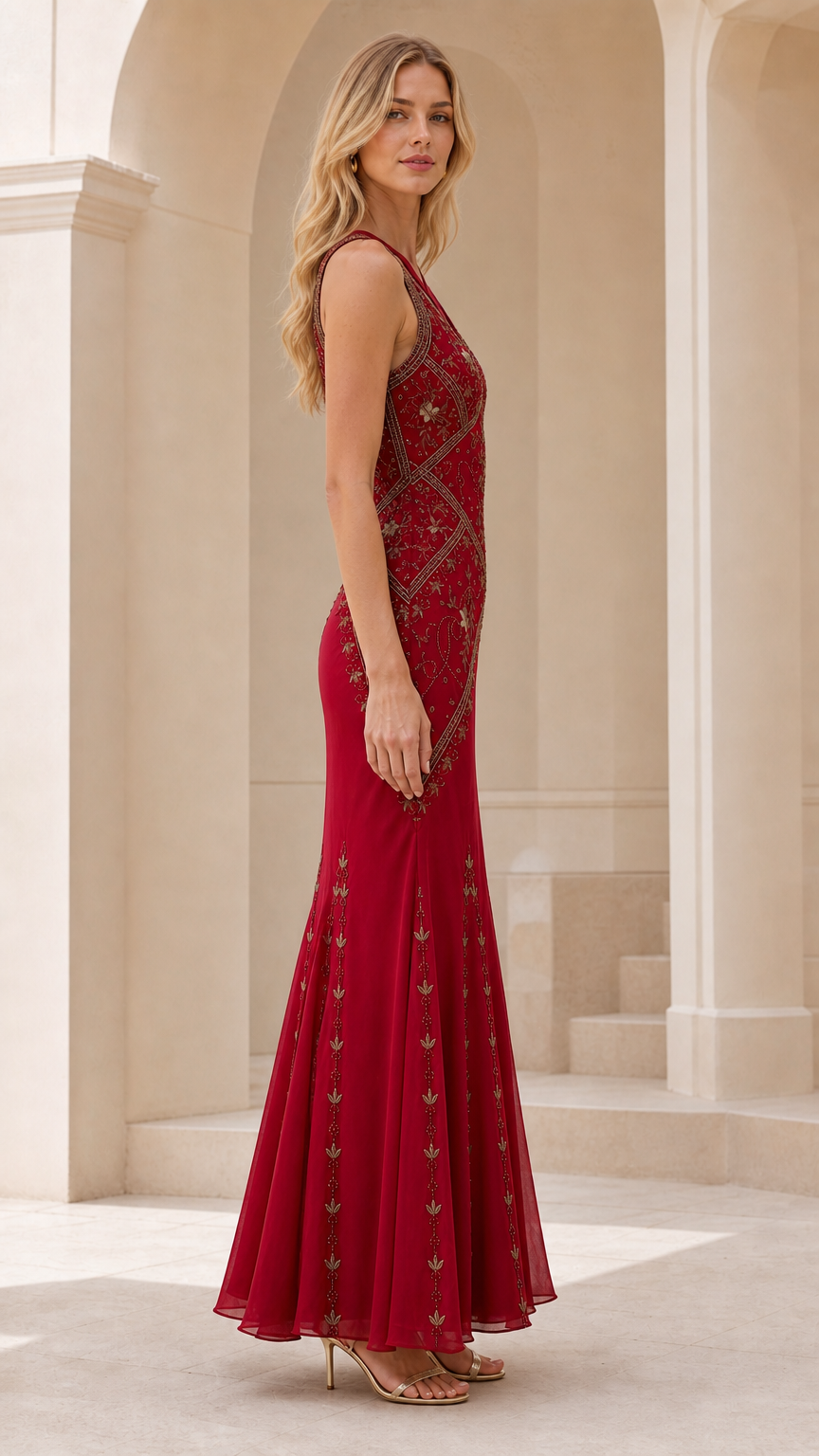 Side profile of woman wearing burgundy embellished mermaid formal dress