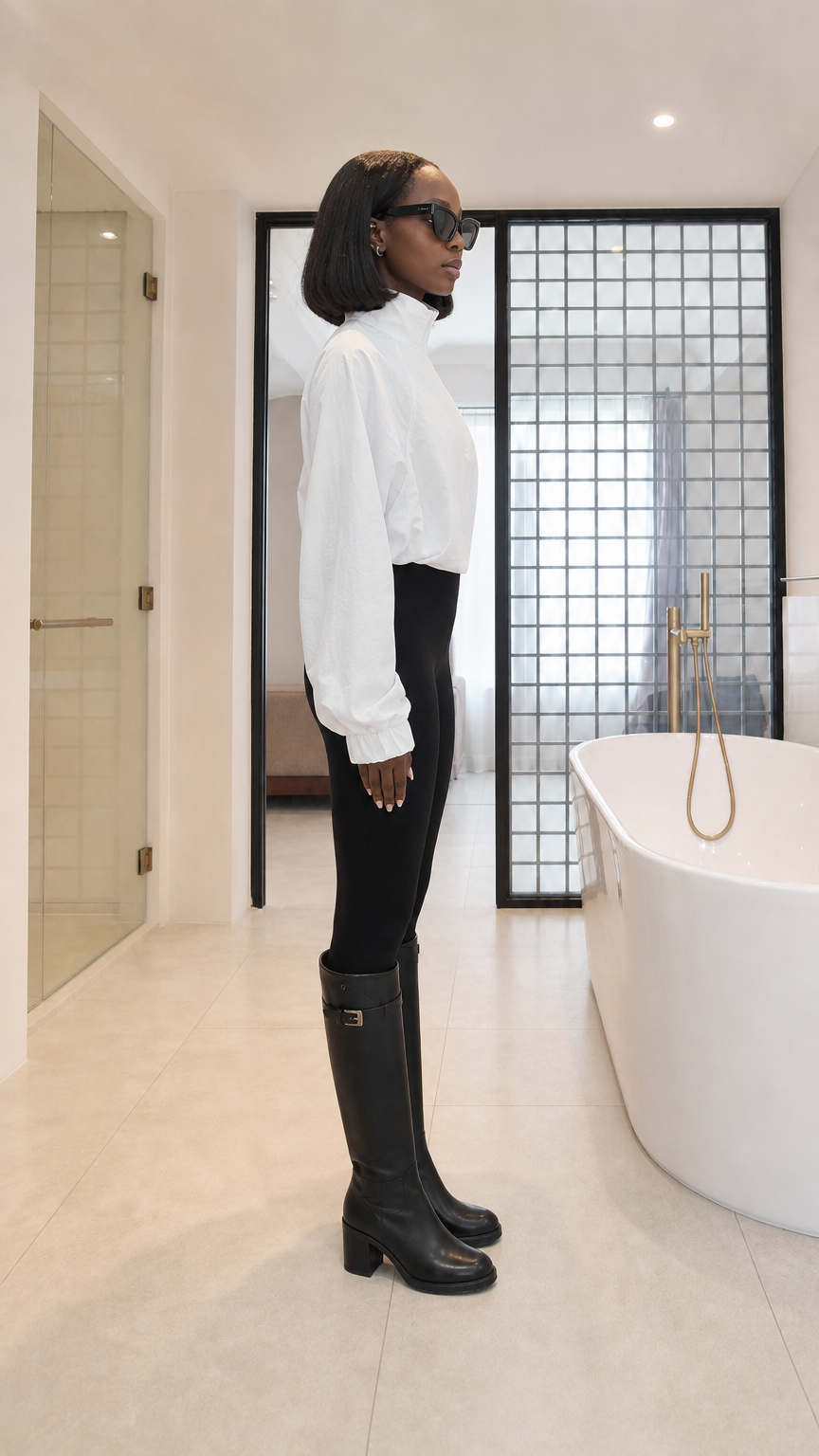 Side profile view of woman wearing white stand collar half-zip pullover