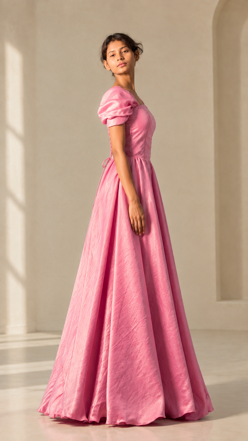 Side profile of pink puff sleeve formal evening gown showing flowing A-line silhouette
