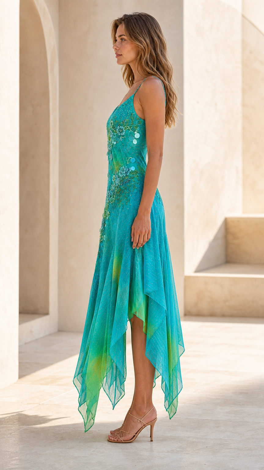 Side profile of model wearing the turquoise handkerchief midi dress