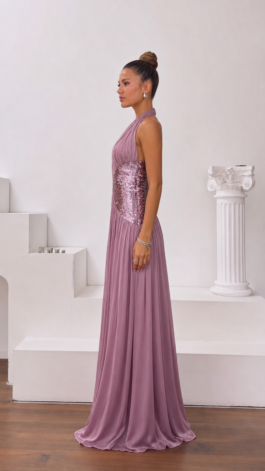 Mauve pleated halter evening dress side profile view