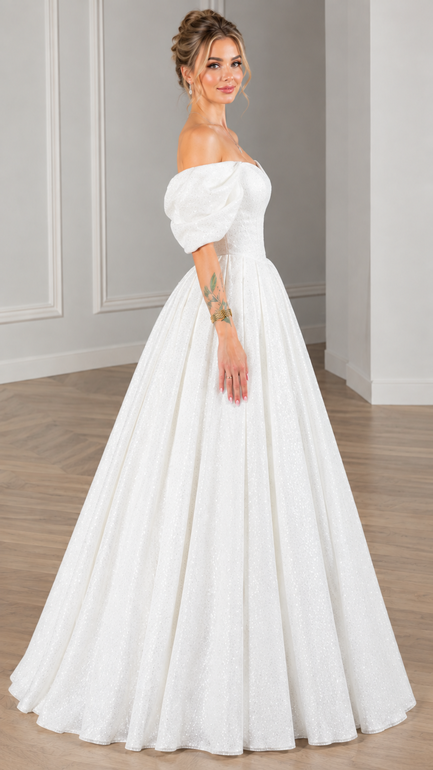 Side profile view of white off-the-shoulder pleated ball gown