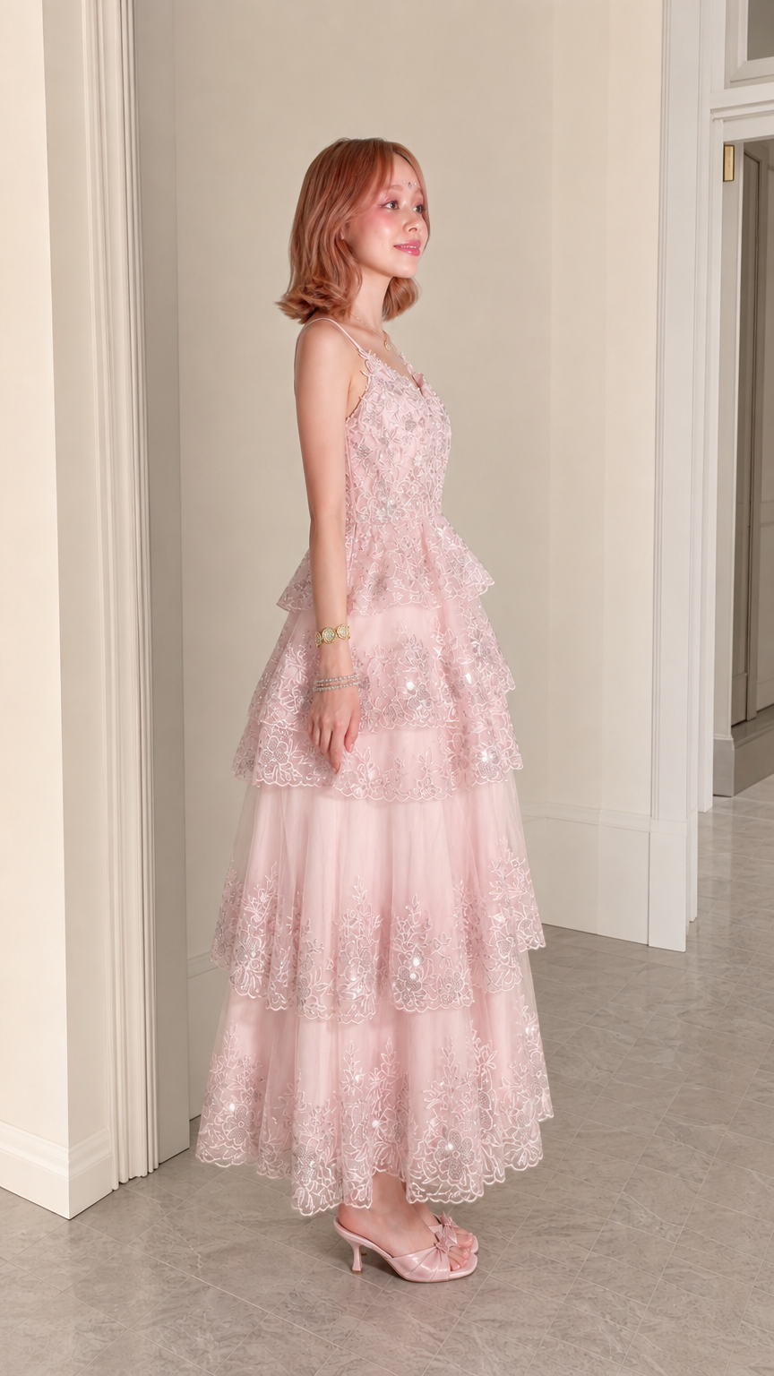 Blush Pink Sequined Tiered Tulle Maxi Evening Gown Side Angle