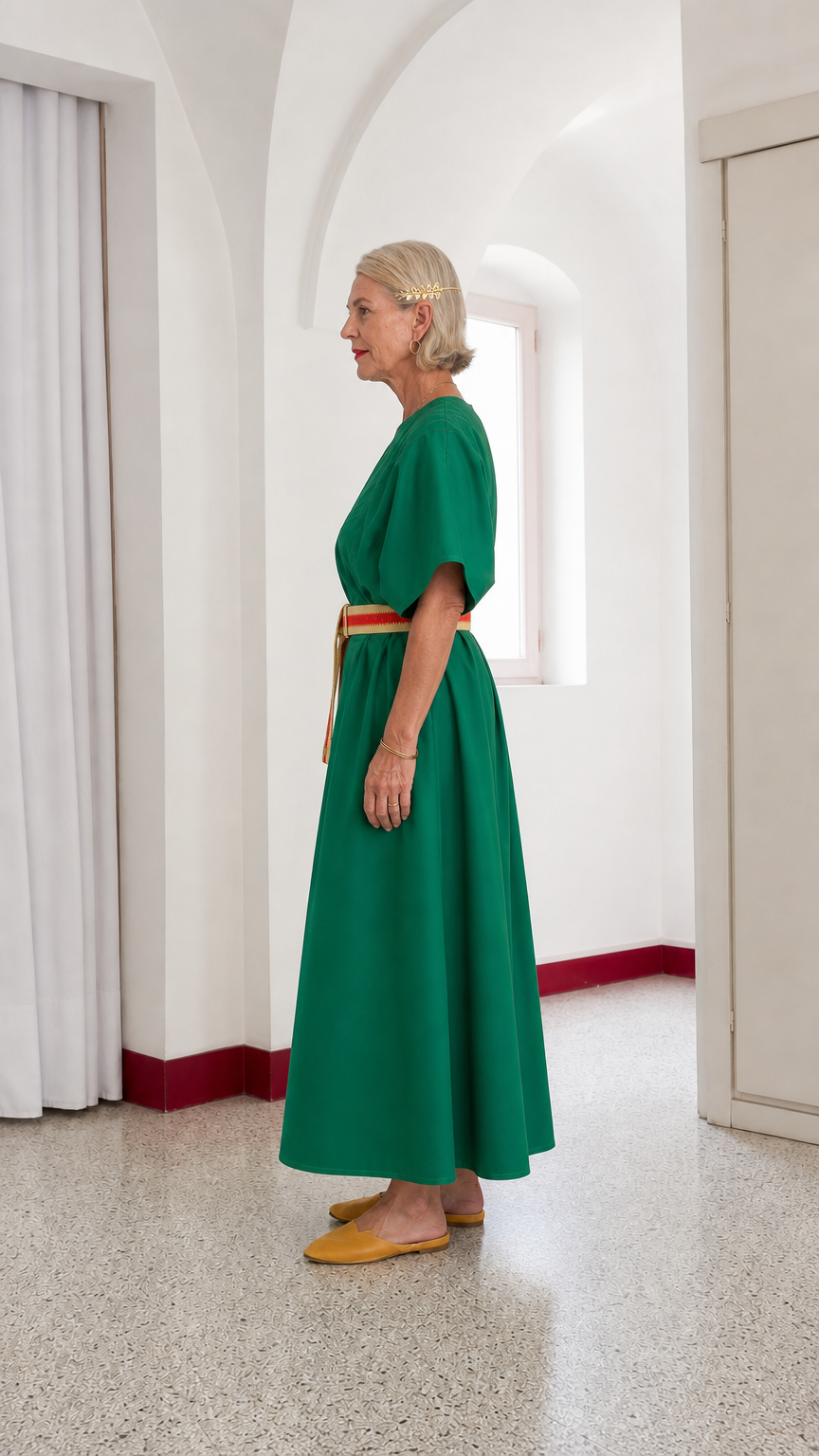 Side profile view of woman wearing emerald green kimono style maxi dress