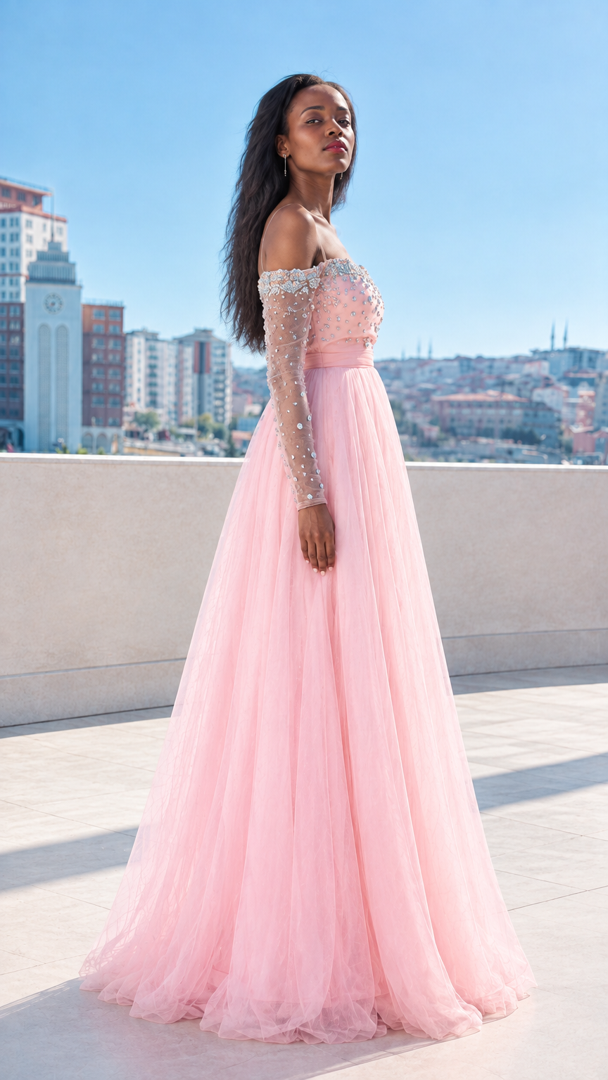 Side angle of woman wearing blush pink crystal beaded tulle evening dress