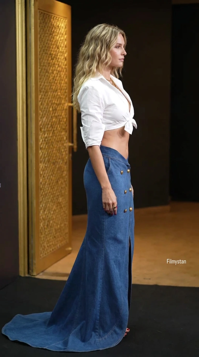 Side view of model in white cropped shirt and blue denim floor-length mermaid skirt