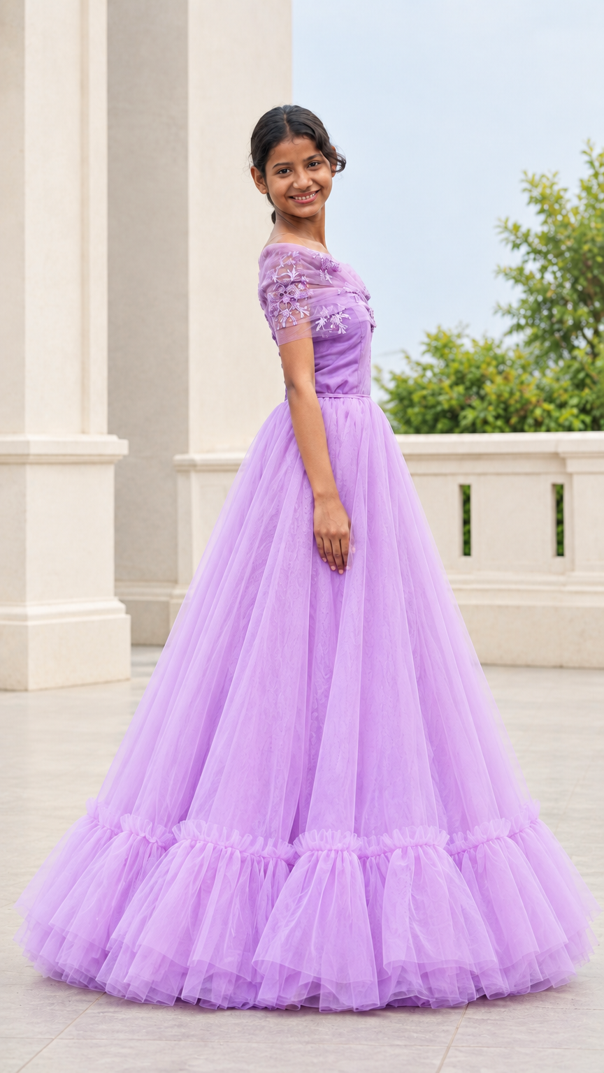 Side profile of a woman wearing a lavender tiered tulle evening ball gown