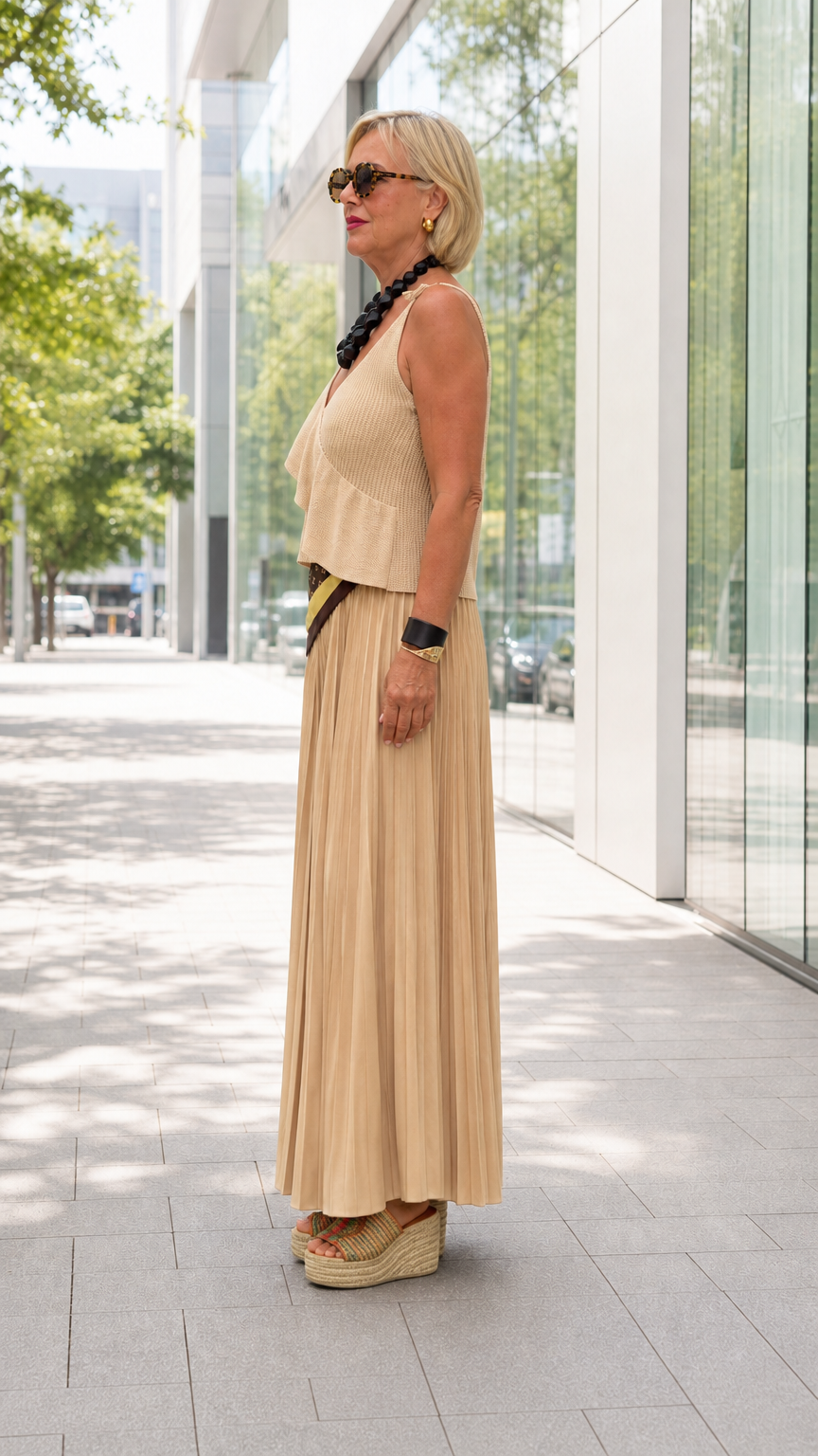 Side profile view of beige ruffle camisole and pleated palazzo pants set