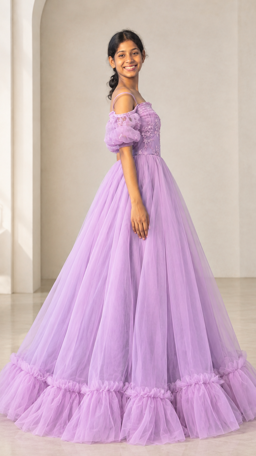 Side profile view of lavender formal evening ballgown showing voluminous tulle skirt