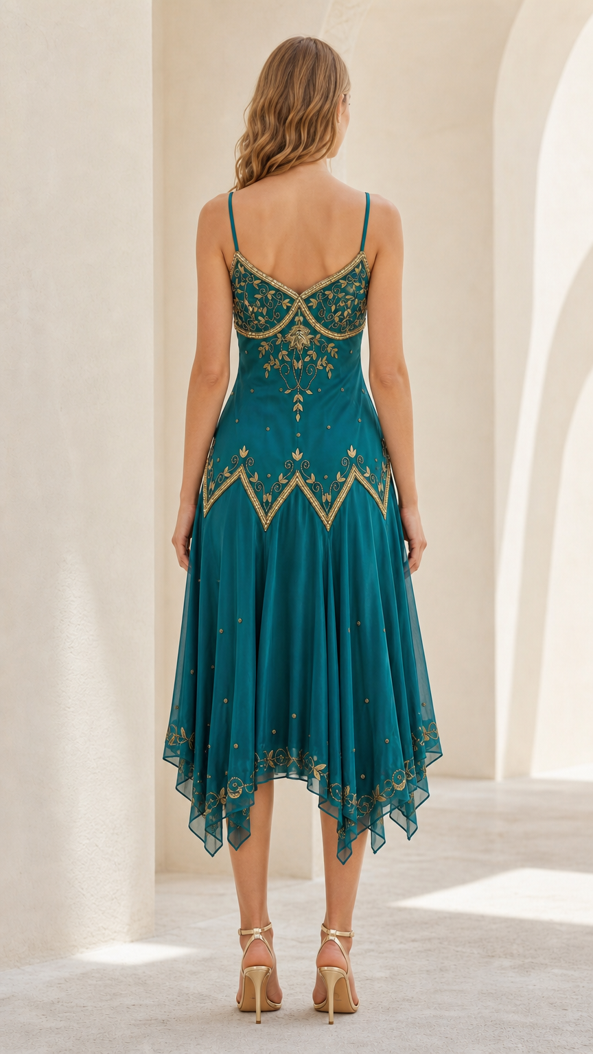 Back view of model wearing Teal Art Deco spaghetti strap midi dress