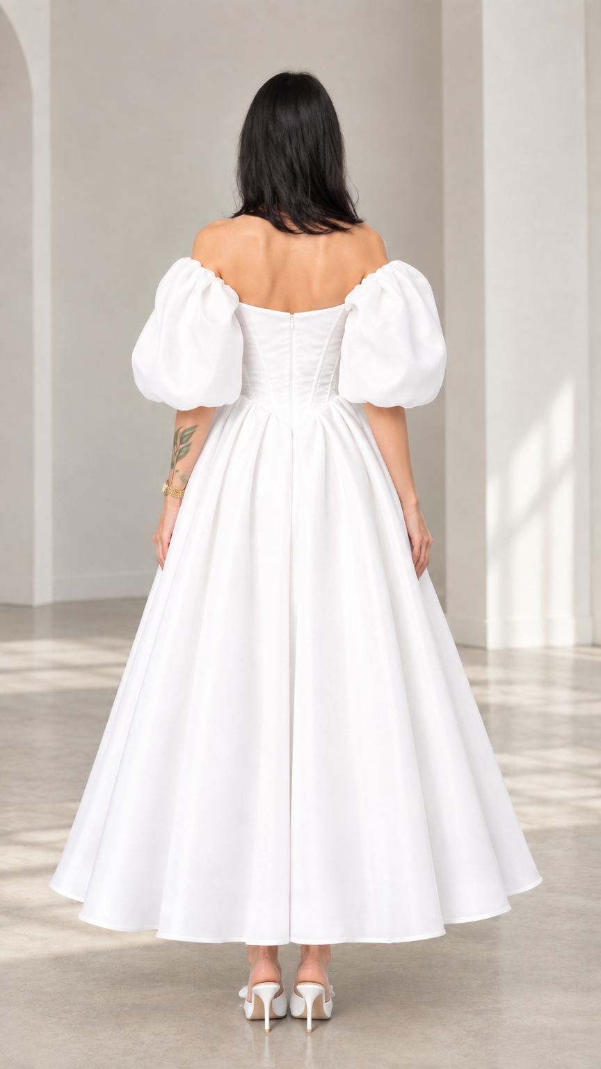 Rear view of a white off-shoulder puff sleeve evening gown showing back zipper closure