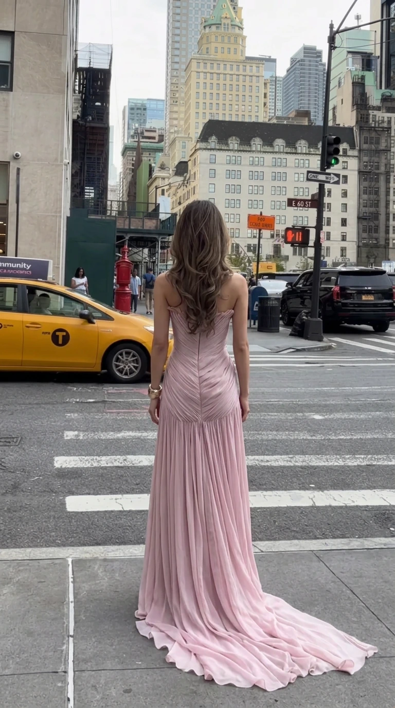 Back view of woman showcasing the low back and cascading train of the blush pink gown