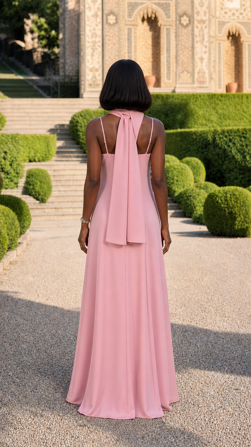 Back view of woman showing the trailing neck scarf detail on dusty pink maxi dress